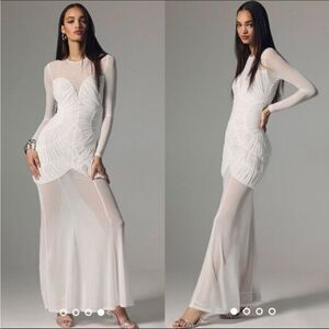 MISHA Collection Anthropologie White Ruched Maxi Dress Sheer Slim Long Sleeve